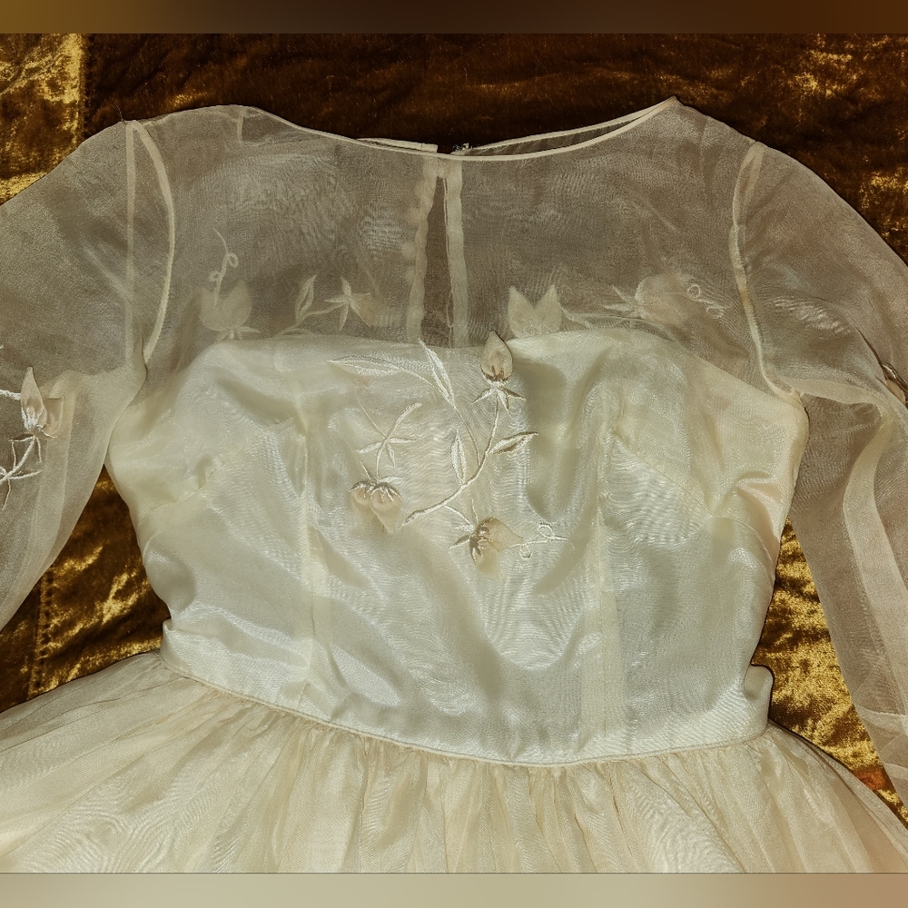 Vintage 1950s Ivory White Fit & Flare Embroidered Tulle Wedding Dress - Picture 4 of 15